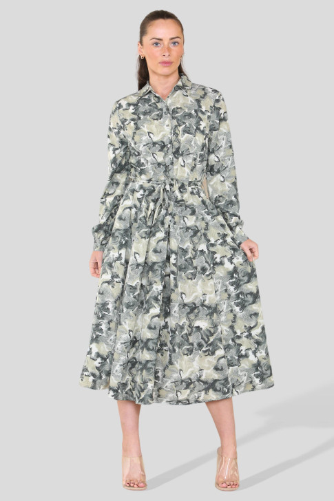 Floral Abstract Belted Midi Shirt Dress