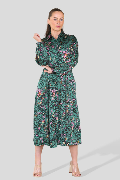 Teal Leopard Print Belted Midi Shirt Dress
