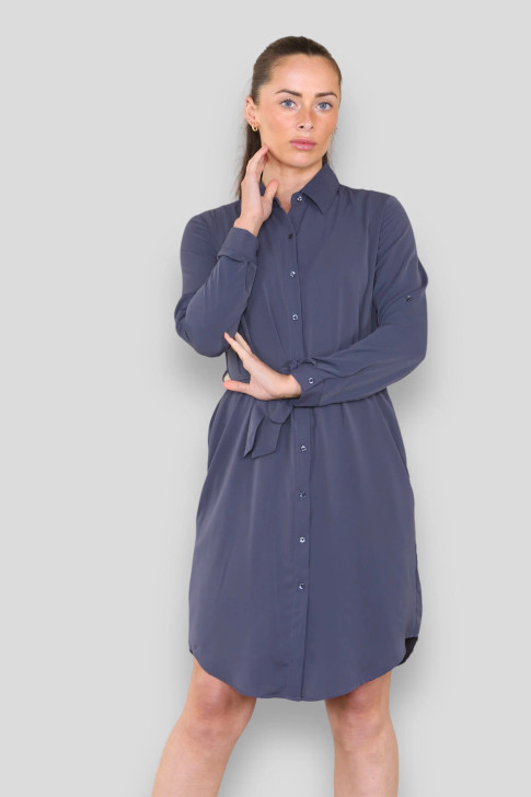 Grey Tie Waist Buttoned Mini Shirt Dress