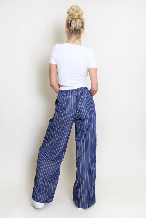 Navy Wide Leg Striped Trousers