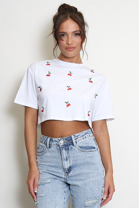 Cherry Embroidered Boxy Crop Top