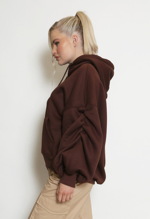 Brown Ruched Sleeve Hoodie