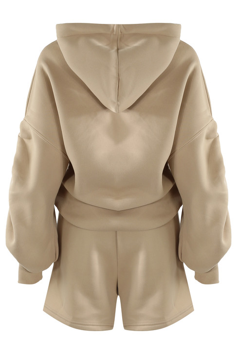 Beige Ruched Sleeve Hoodie and Shorts Outfit