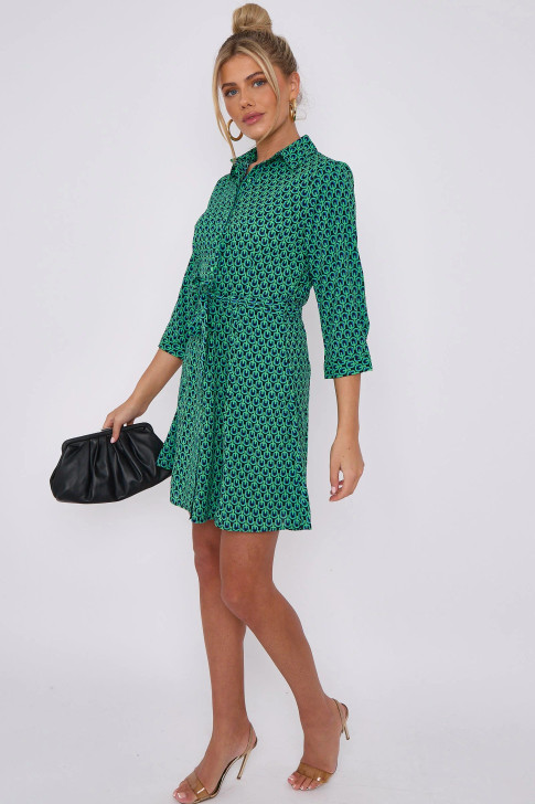 Green Geo Print Mini Shirt Dress