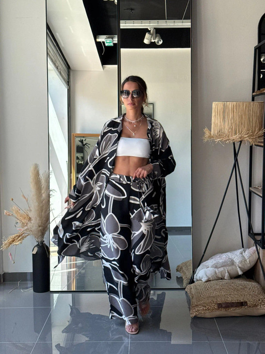Bold Black Floral Long Shirt & Wide Leg Pants Co-Ord