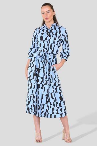 Blue Geometric Print Midi Shirt Dress