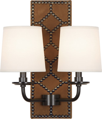 Robert Abbey - Z1030 - Two Light Wall Sconce - Williamsburg Lightfoot - English Ochre Leather w/Nailhead Deep Patina Bronze
