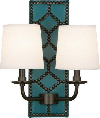 Robert Abbey - Z1033 - Two Light Wall Sconce - Williamsburg Lightfoot - Mayo Teal Leather w/Nailhead Deep Patina Bronze