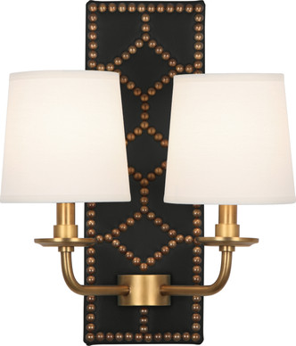 Robert Abbey - 1035 - Two Light Wall Sconce - Williamsburg Lightfoot - Blacksmith Black Leather w/Nailhead Aged Brass