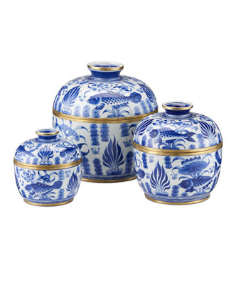 Currey and Company - 1200-0969 - Rice Tureen Set of 3 - Blue & White Rice Tureen Set of 3 - White/Blue/Brass