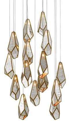 Currey and Company - 9000-0705 - 15 Light Pendant - Glace - Raj Mirror/Antique Brass/Silver