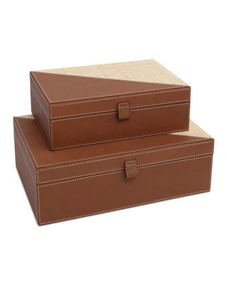 Currey and Company - 1200-1069 - Box Set of 2 - Leather & Raffia - Brown/Natural