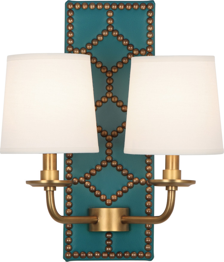 Robert Abbey - 1033 - Two Light Wall Sconce - Williamsburg Lightfoot - Mayo Teal Leather w/Nailhead Aged Brass