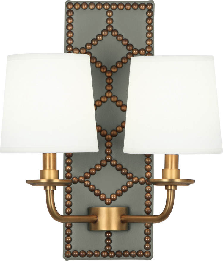 Robert Abbey - 1034 - Two Light Wall Sconce - Williamsburg Lightfoot - Carter Gray Leather w/Nailhead Aged Brass