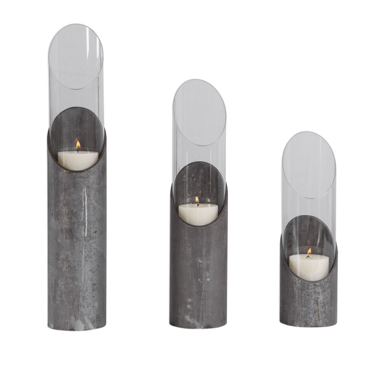 Uttermost - 17518 - Candleholders Set/3 - Karter - Angular Design In Raw Iron And Clear Glass