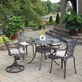 Grenada 5 Piece Outdoor Dining Set - Khaki Gray, 42" Diameter, 2 Swivel Chairs and 2 Arm Chairs with Cushions