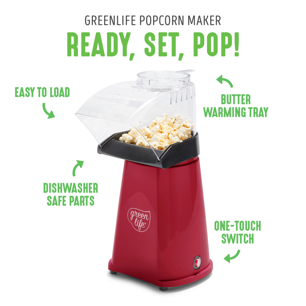 GreenLife Electric Popcorn Maker, Hot Air Popper, Red 