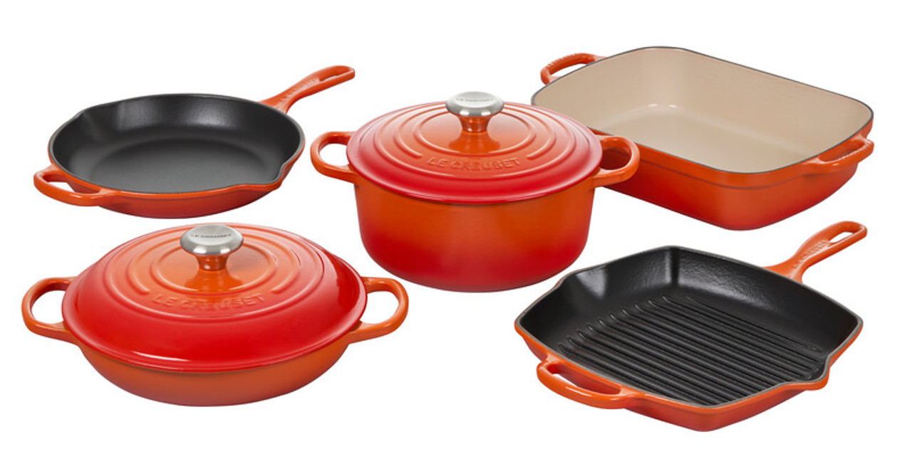 Signature Enameled Cast Iron 7-Piece Cookware Set with Gold Knobs