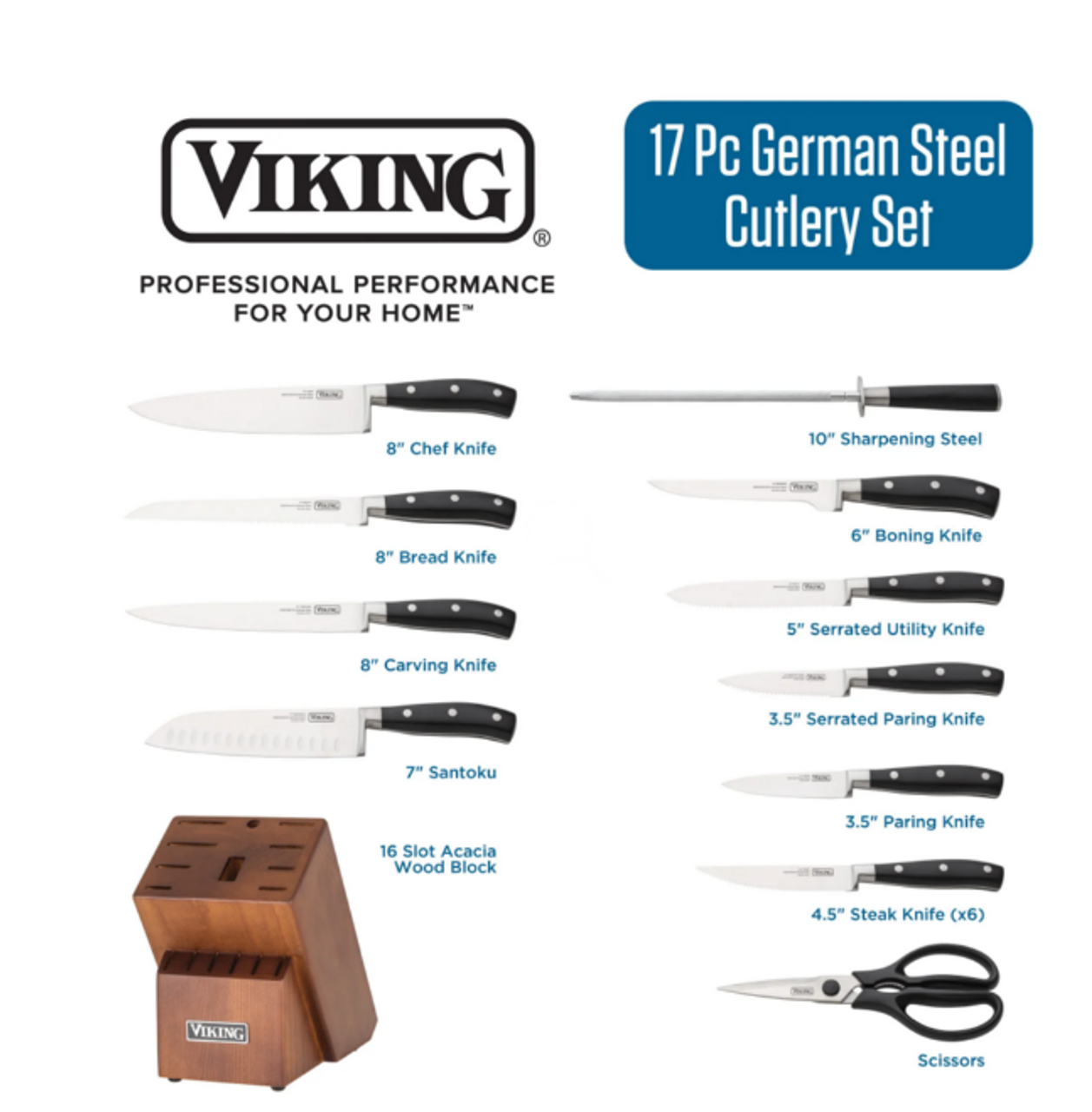 Viking 15-Piece German Steel Knife Block Set with Acacia Wood