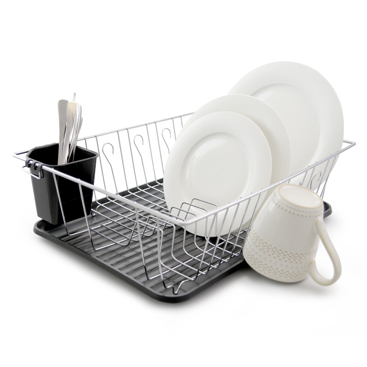 Mega Chef Dish Rack with 14 Plate Positioners and a Detachable Utensil Holder, Black