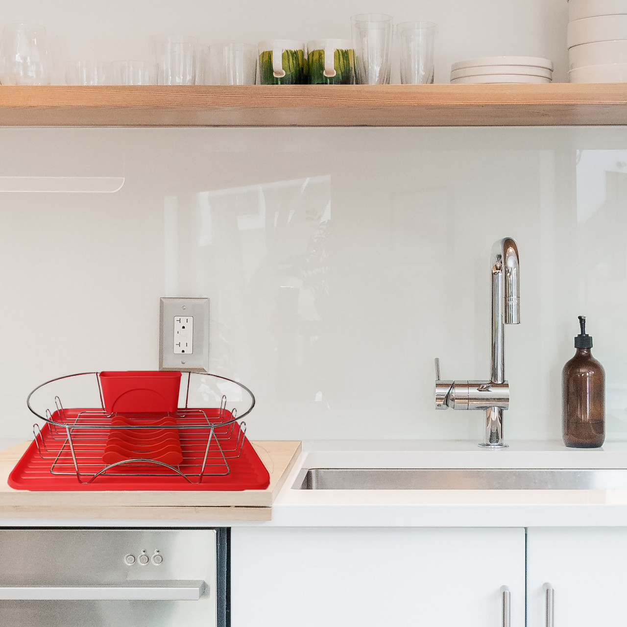 MegaChef 17 Inch Red and Silver Dish Rack