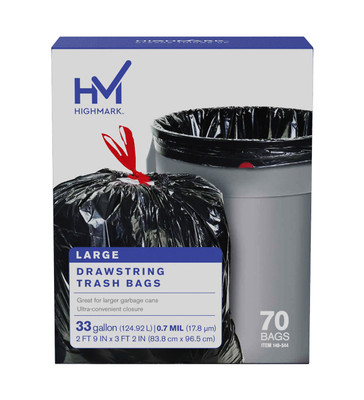 Highmark Large Black Drawstring Trash Bags, 33 Gallon, Box Of 70 Bags