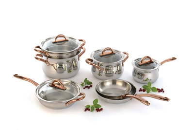 BergHOFF Ouro Gold 11 piece 18/10 Stainless Steel Cookware Set, Rose Gold Handles, Glass Lids