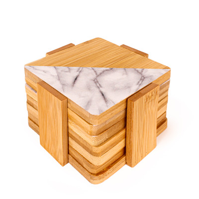 BergHOFF Bamboo 7 piece Bamboo & White Marble Coaster Set, Two-tone, Square with Holder