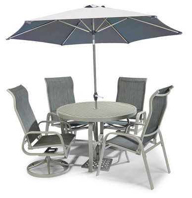 Captiva 6 Piece Outdoor Dining Set, includes Umbrella and Stand - Gray, 42" Diameter, 2 Swivel Chairs and 2 Arm Chairs