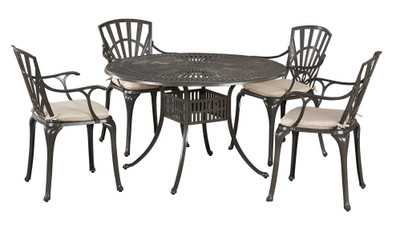 Grenada 5 Piece Outdoor Dining Set - Khaki Gray, 48" Diameter, 4 Arm Chairs with Cushions
