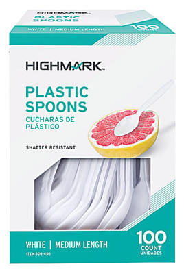 Highmark® Medium-Length Plastic Cutlery, Spoons, Pack Of 100 Spoons