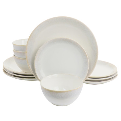 Martha Stewart 12 Piece Round Stoneware Dinnerware Set with Taupe Rim