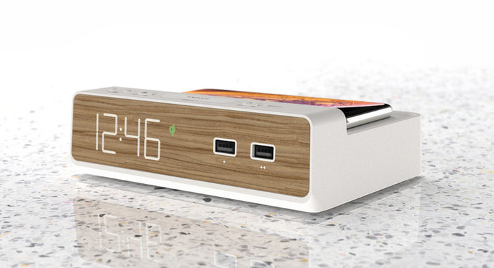 Alarm Clock with Wireless and USB and USB-C Charging Outlets, Station W, Warm Walnut