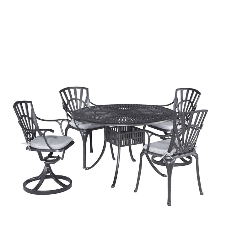 Grenada 5 Piece Outdoor Dining Set - Charcoal, 48" Diameter, 2 Swivel Chairs and 2 Arm Chairs with Cushions