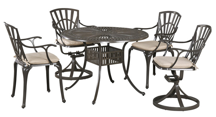 Grenada 5 Piece Outdoor Dining Set - Khaki Gray, 42" Diameter, 2 Swivel Chairs and 2 Arm Chairs with Cushions