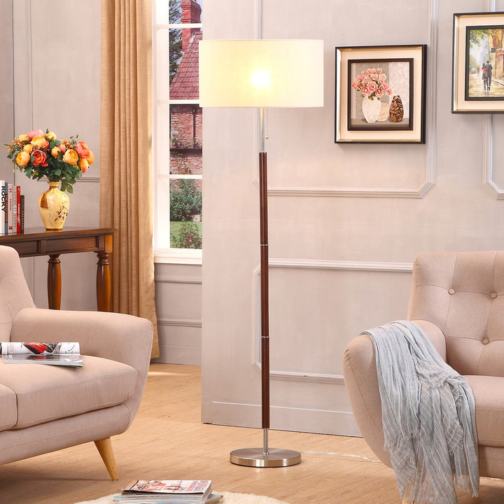 Carter LED Standing Floor Lamp with Drum Shade and Walnut Wood Finish