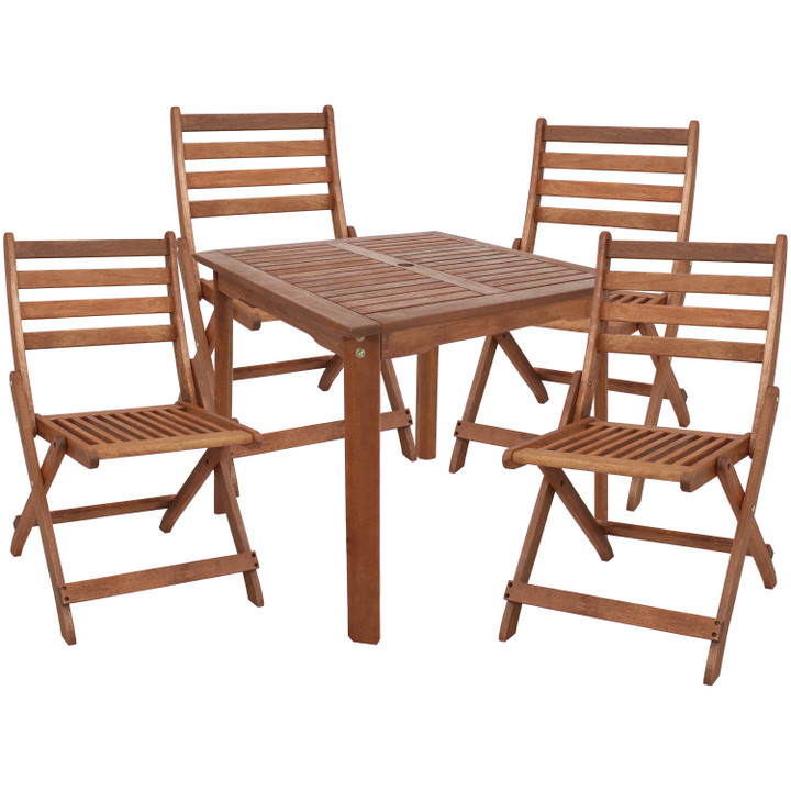 Sunnydaze Outdoor Meranti Wood with Teak Oil Finish Square Dining Table with Folding Chairs - Brown - 5 piece