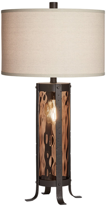 Dark amber glass and metal table lamp