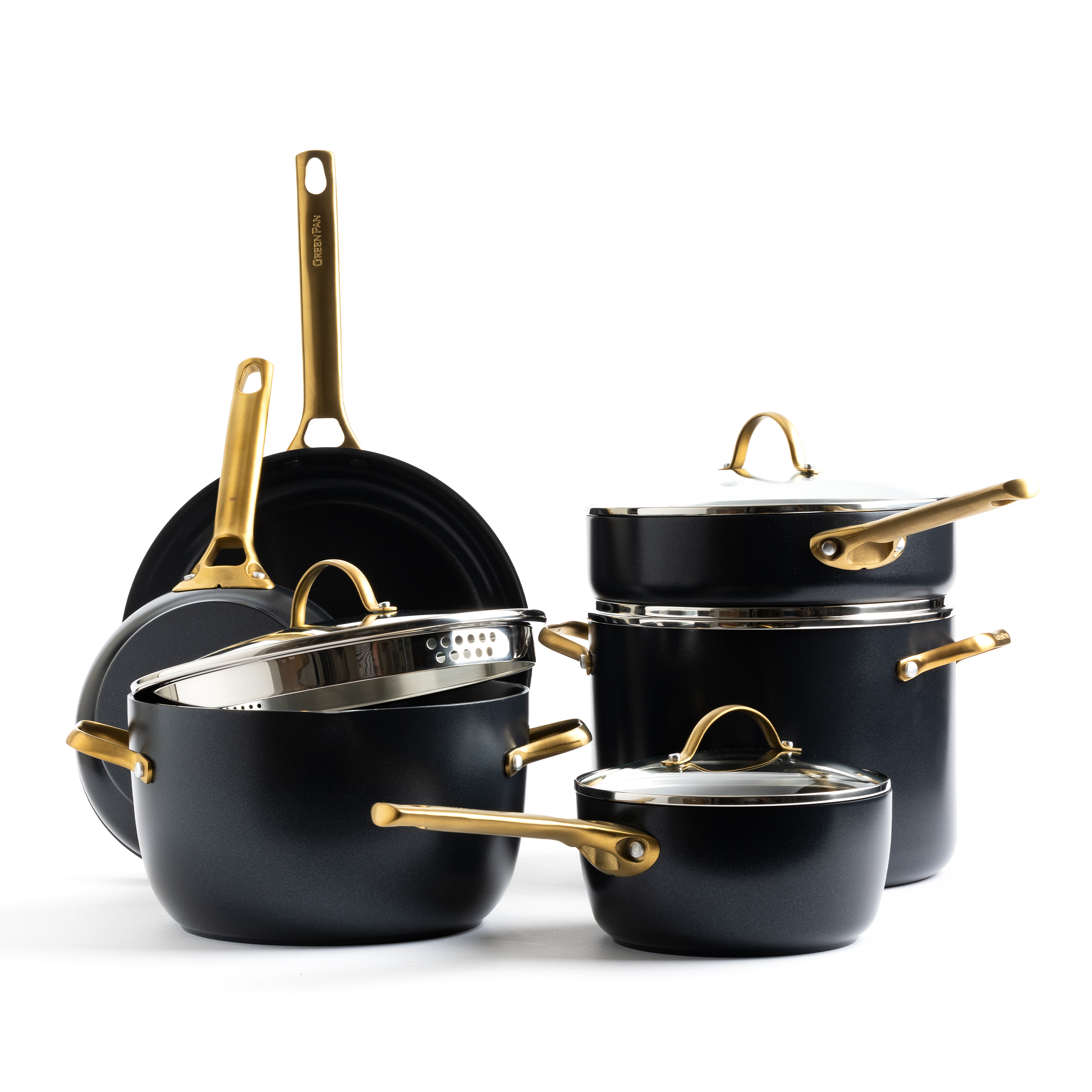 Reserve Ceramic Nonstick 8, 9.5 and 11 Frypan Set, Black with Gold