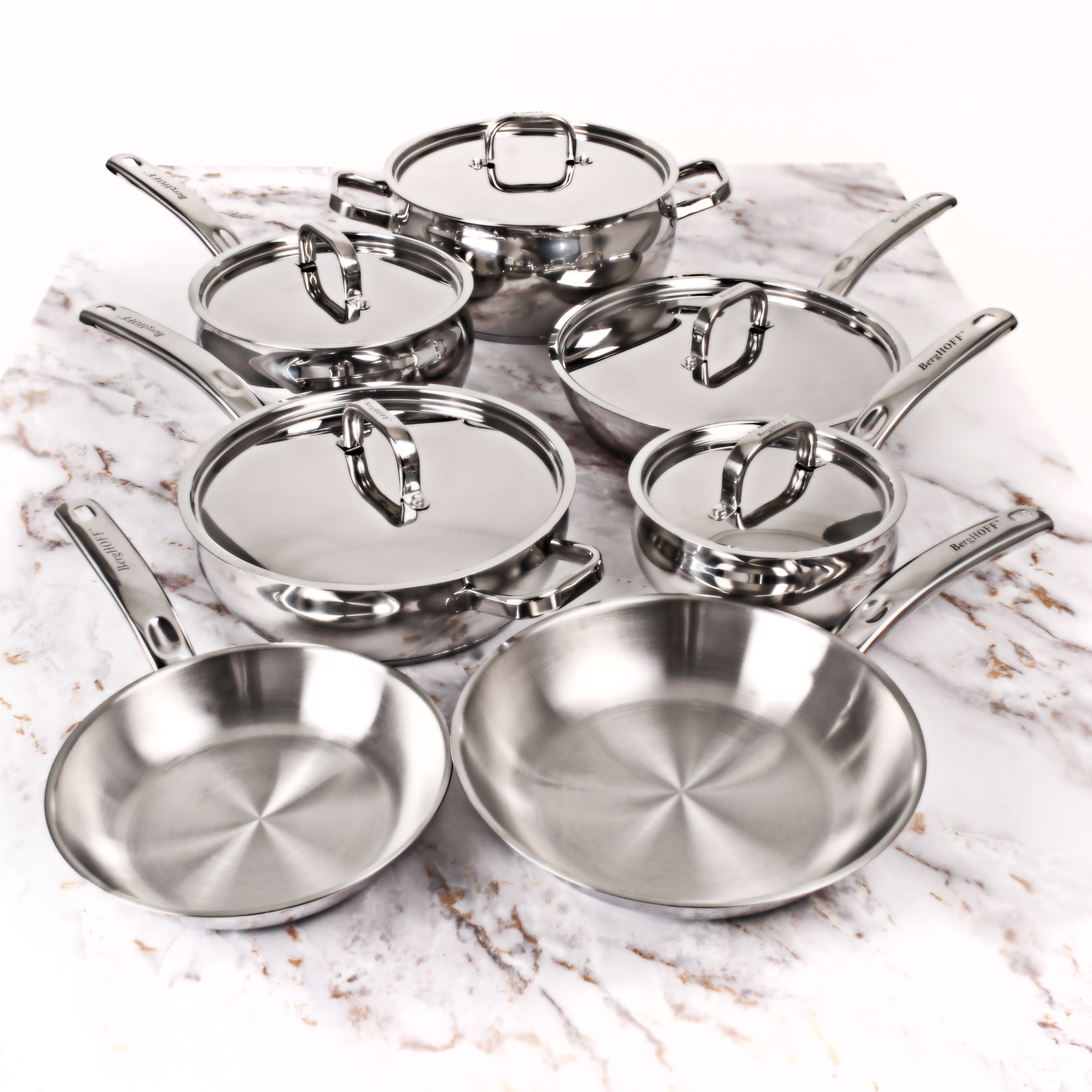 BergHOFF Belly Shape 12 piece 18/10 Stainless Steel Cookware Set, Metal Lids