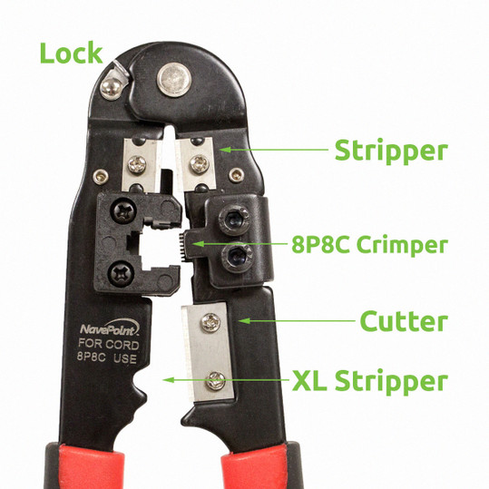 NavePoint Network Lan Modular RJ45 8P8C Cable Wire Crimper Cutter Stripper Red With Lock