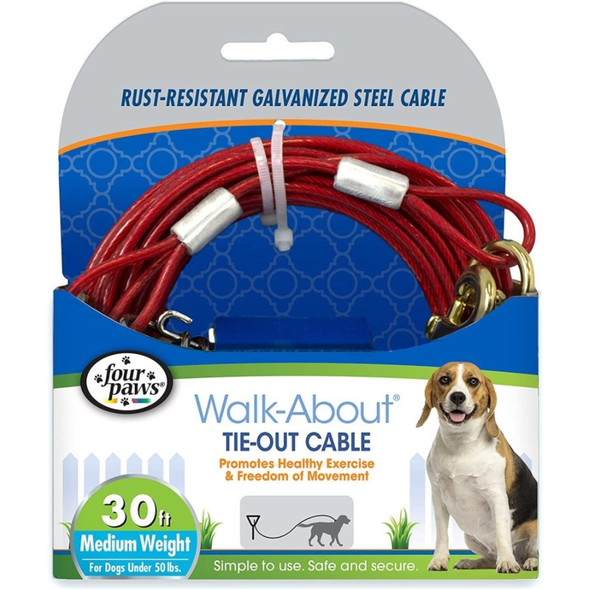 Four Paws Dog Tie Out Cable - Medium Weight - Red - 30" Long Cable