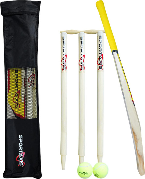 Wooden Cricket Set- Contains Bat, 2 Light Tennis Balls, 3 Stumps, 2 Bails and Stylish Carry Bag- Perfect for Beach and Backyard Cricket for Kids.