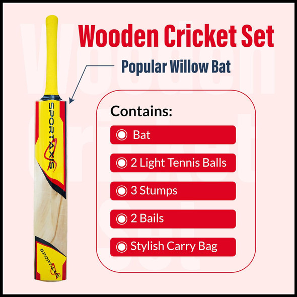 Wooden Cricket Set- Contains Bat, 2 Light Tennis Balls, 3 Stumps, 2 Bails and Stylish Carry Bag- Perfect for Beach and Backyard Cricket for Kids.