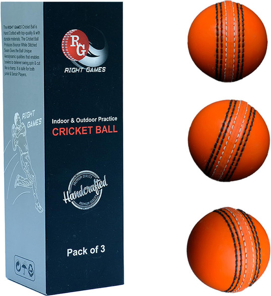 Right Games Rubber Practice Cricket Ball | with Real Stitched Seam & Core for Bounce, Swing & Spin | Ideal for Training, Skills Development, Matches & Garden Play (Pack of 3, Red)