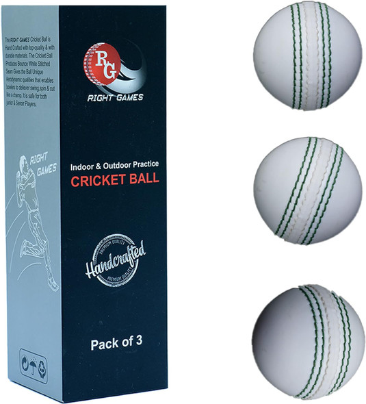 Right Games Rubber Practice Cricket Ball | with Real Stitched Seam & Core for Bounce, Swing & Spin | Ideal for Training, Skills Development, Matches & Garden Play (Pack of 3, White)