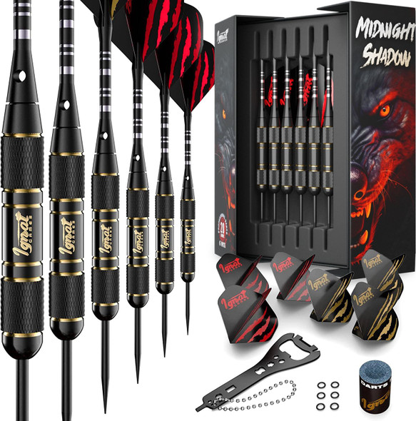 Darts Metal Tip Set - Professional Darts with Stylish Case and Darts Guide, Steel Tip Darts Set with Aluminum Shafts + Rubber O'Rings + Extra Flights + Dart Sharpener and Wrench