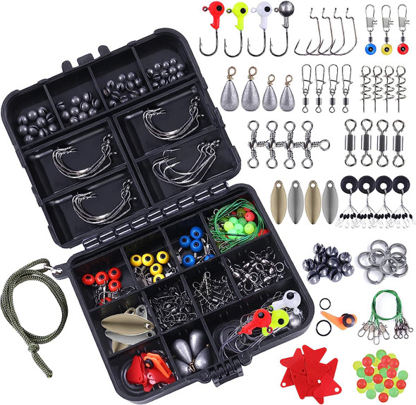 187/343pcs Fishing Accessories Kit, Including Jig Hooks, Bullet Bass Casting Sinker Weights, Fishing Swivels Snaps, Sinker Slides, Fishing Set with Tackle Box