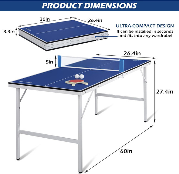 Portable Ping Pong Table, Mid-Size Foldable Table Tennis Table w/Net, 2 Paddles, 2 Balls, Adjustable Feet for Indoor Outdoor, No Assembly Required, 60x26.4x27.4 Inch