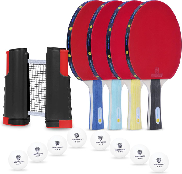 Portable Table Tennis Paddles, with Retractable Net, 4 Table Tennis Rackets, 8 Balls, Indoor and Outdoor Play Accessories Kit, Compact Storage